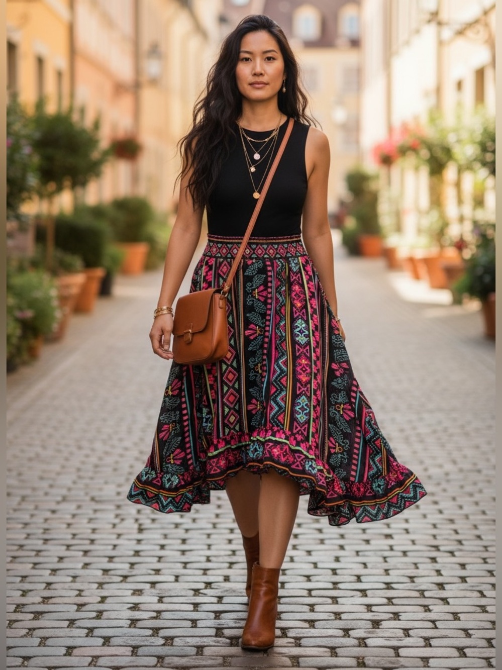 Multiples XL Multicolor Boho Geometric Print High Low Midi Skirt